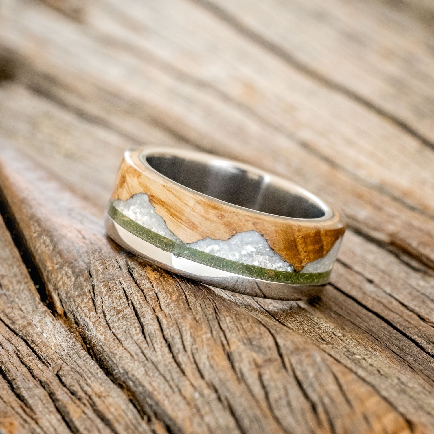 "EZRA" - WHISKEY BARREL OAK WITH DIAMOND DUST & MOSS INLAY WEDDING RING-1