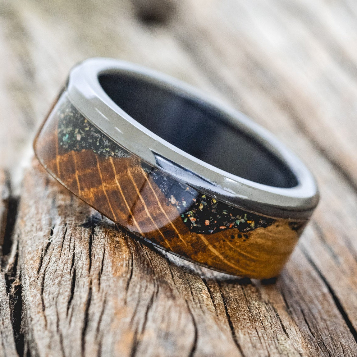 "EZRA" - WHISKEY BARREL OAK WITH JET STONE & OPAL MIX WEDDING BAND-1