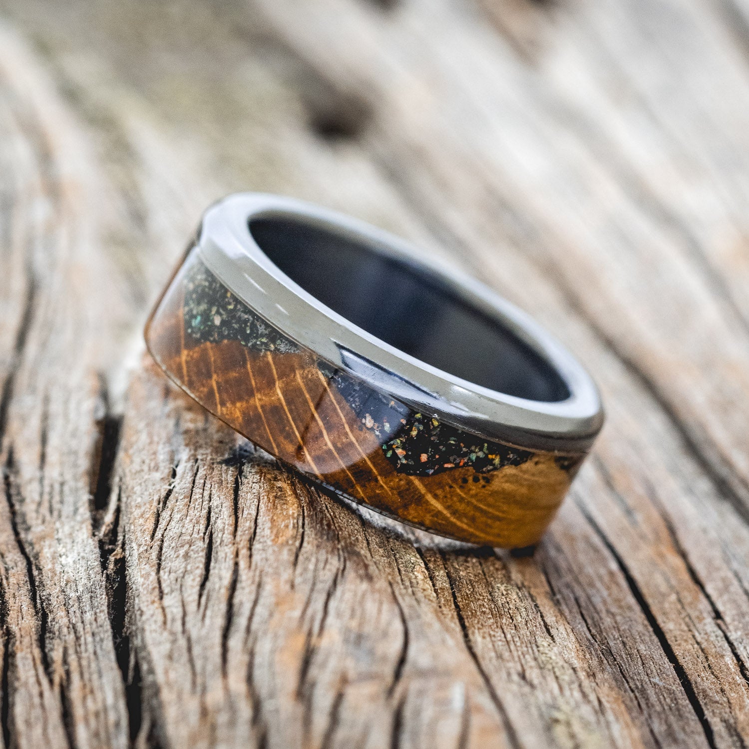 "EZRA" - WHISKEY BARREL OAK WITH JET STONE & OPAL MIX WEDDING BAND-1