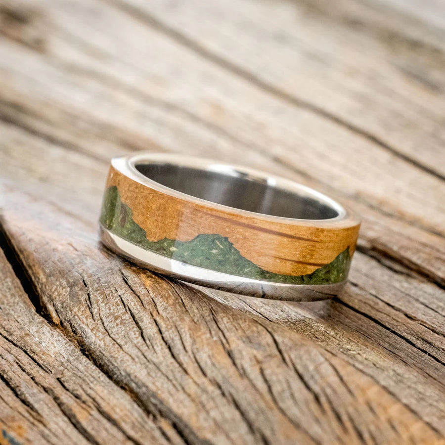 "EZRA" - WHISKEY BARREL OAK & MOSS WEDDING RING - TITANIUM - SIZE 10-Staghead Designs