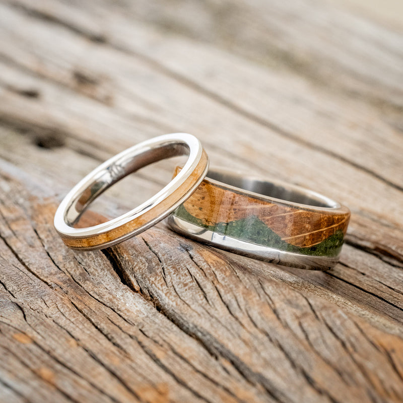 "EZRA" - MATCHING SET OF WHISKEY BARREL & MOSS WEDDING BANDS-1