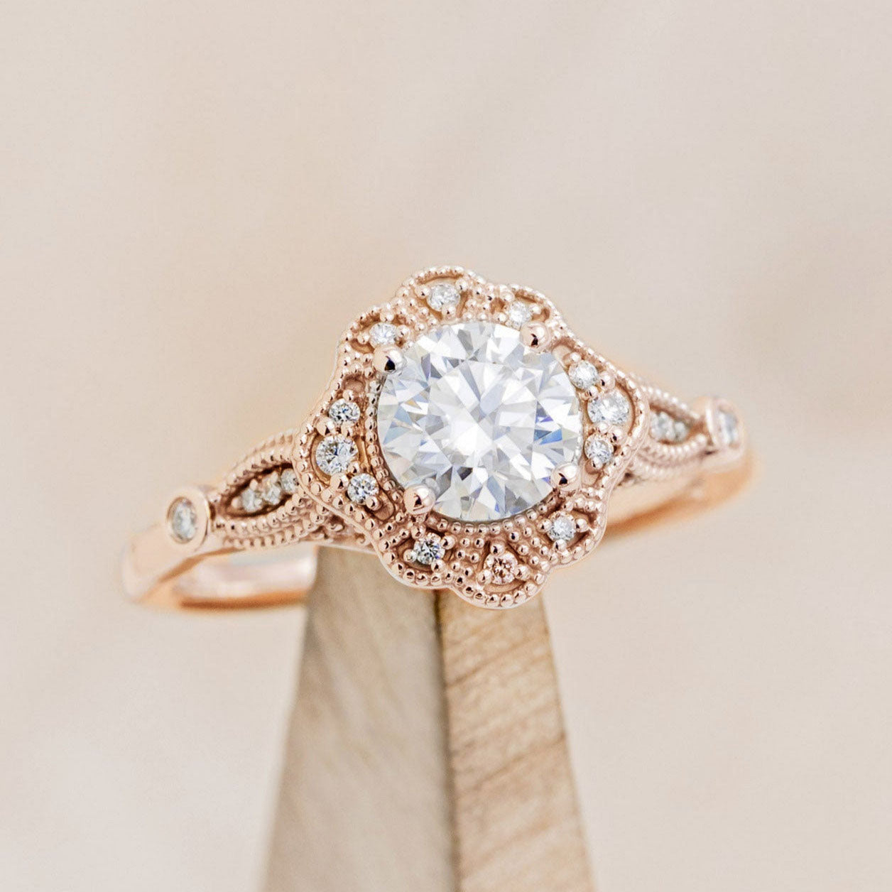 "EILEEN" - ROUND CUT ENGAGEMENT RING WITH DIAMOND ACCENTS & TRACER-Staghead Designs