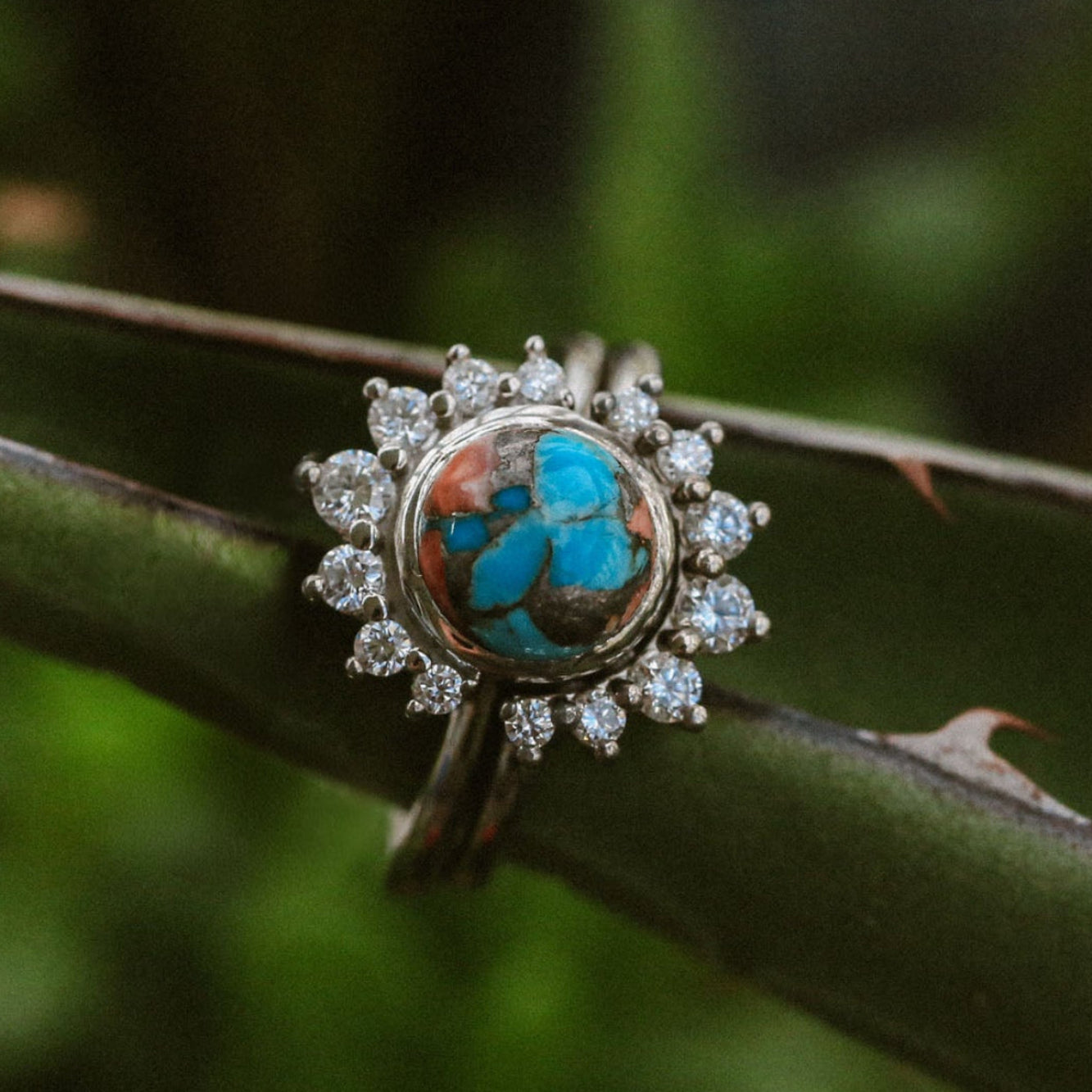 "ESMERALDA" - ROUND CABOCHON CUT SPINY OYSTER TURQUOISE WEDDING BAND WITH DIAMOND ACCENTS-Staghead Designs