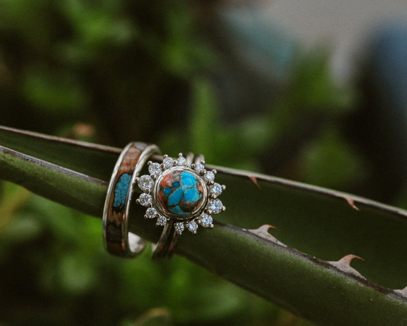 "ESMERALDA" - ROUND CUT SPINY OYSTER TURQUOISE WEDDING BAND WITH DIAMOND ACCENTS