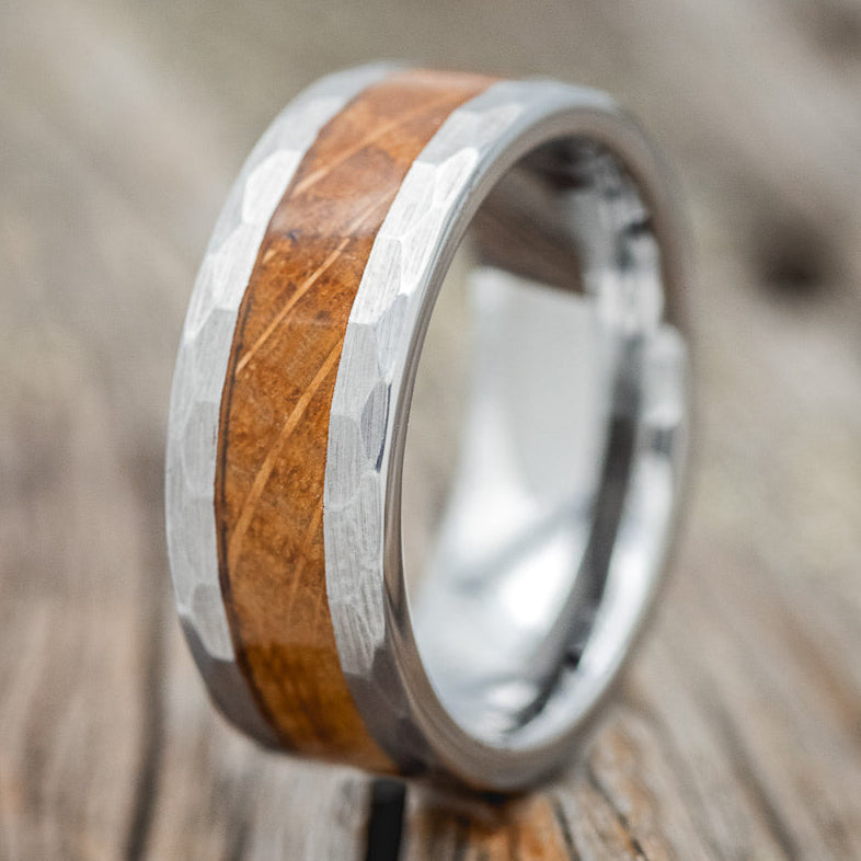 FACETED TUNGSTEN WEDDING BAND WITH WHISKEY BARREL INLAY - READY TO SHIP-1