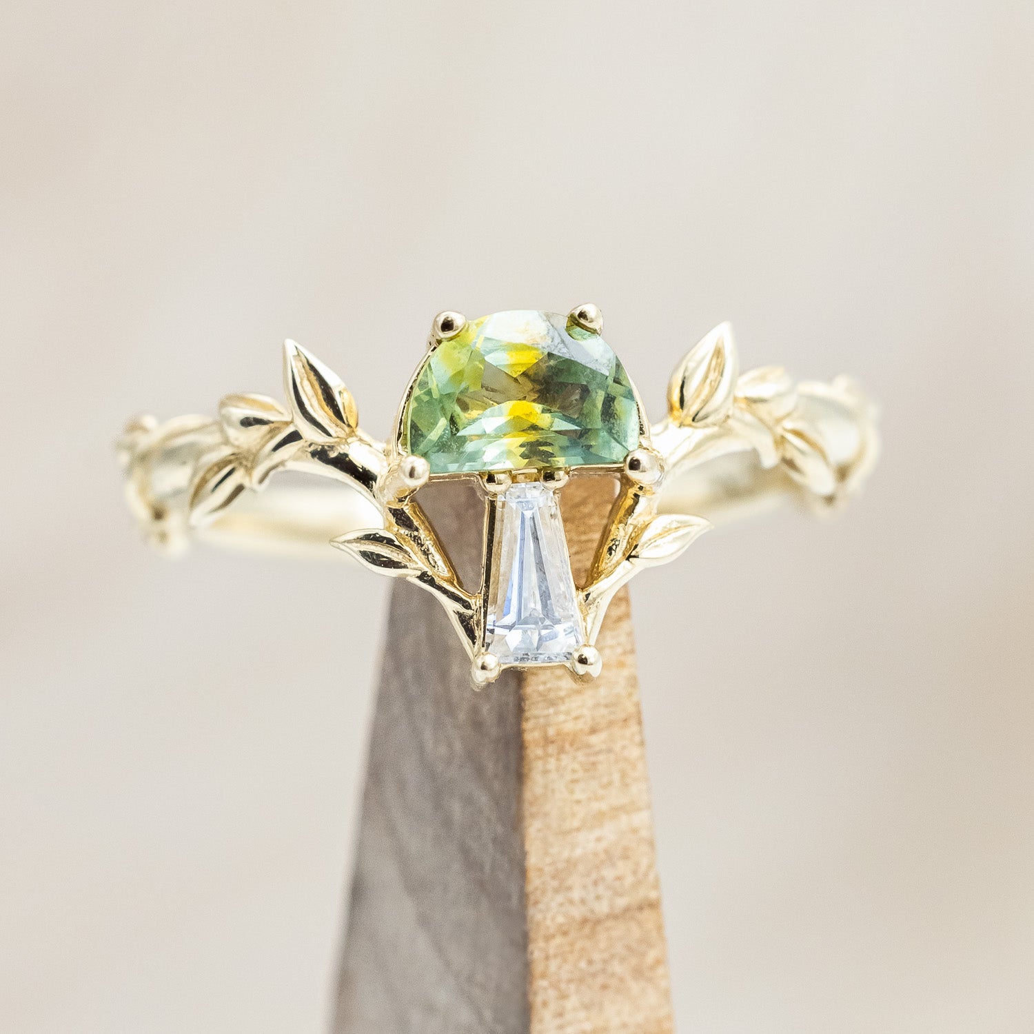 "FAE" - MUSHROOM RING WITH MONTANA SAPPHIRE & DIAMOND ACCENT ON A BRANCH-STYLE BAND-Staghead Designs