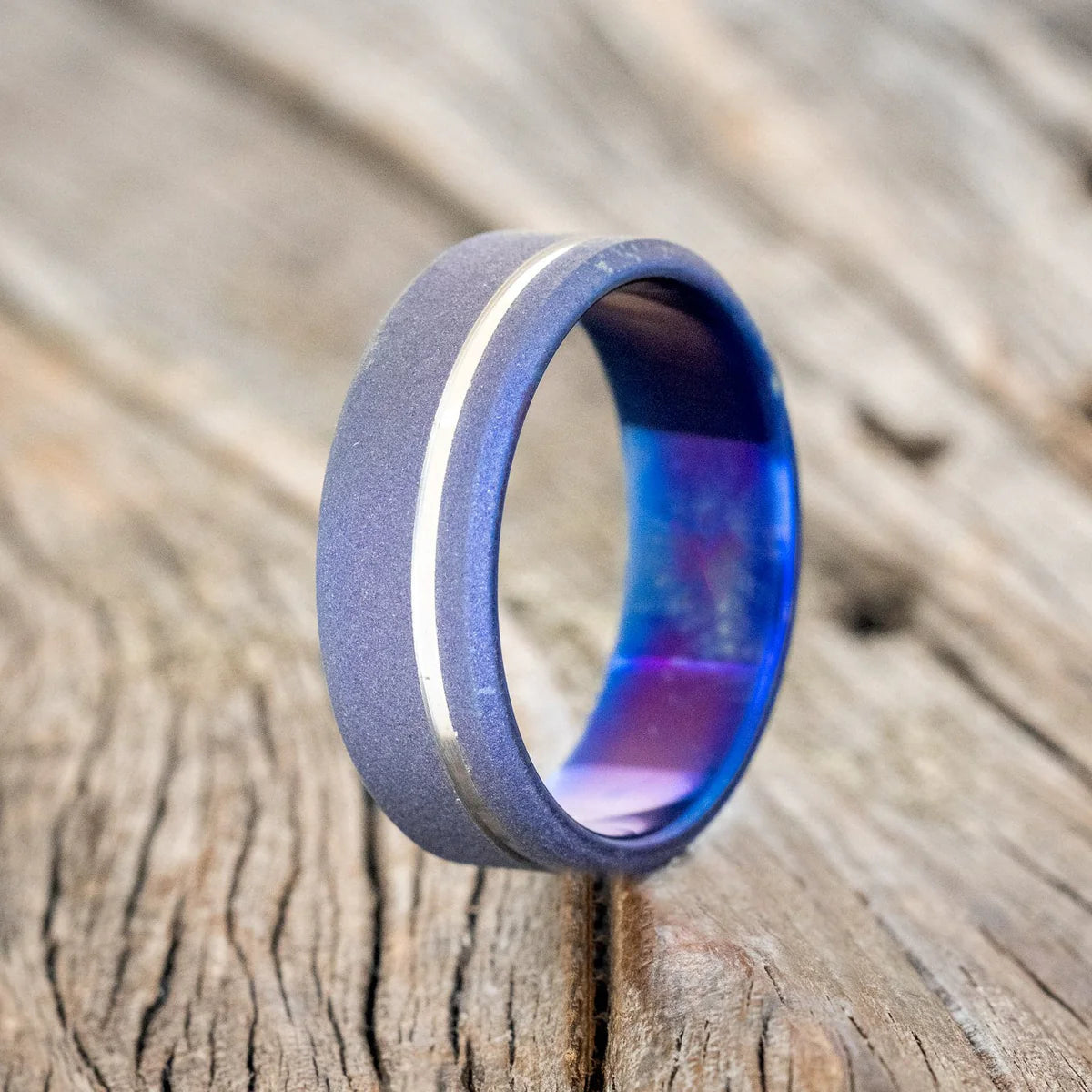 FIRE-TREATED & SANDBLASTED WEDDING BAND WITH AN OFFSET GROOVE - TITANIUM - SIZE 10-Staghead Designs