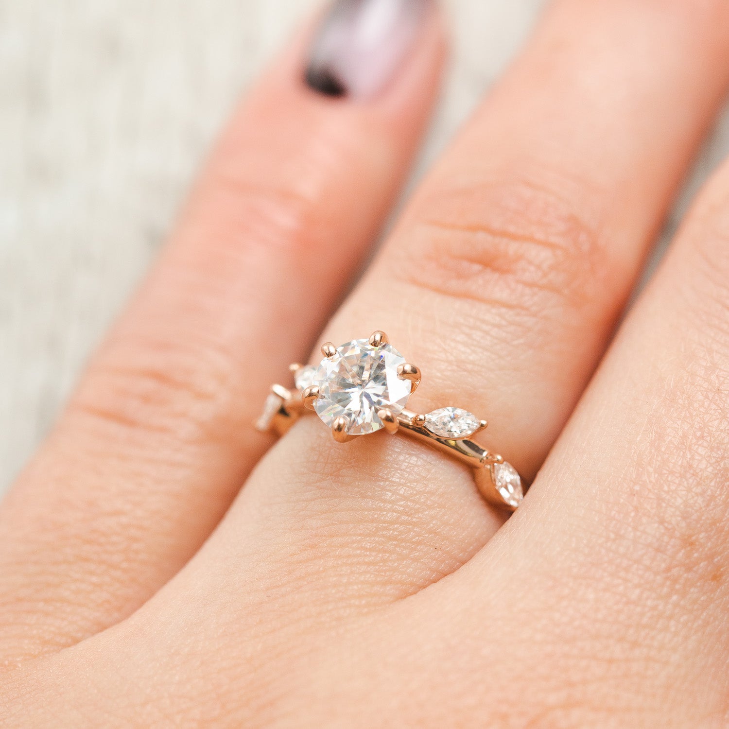 "Flora" - Round Cut Moissanite Engagement Ring With Marquise Cut Diamond Accents - 14K Yellow Gold - Size 4 1/2-Staghead Designs