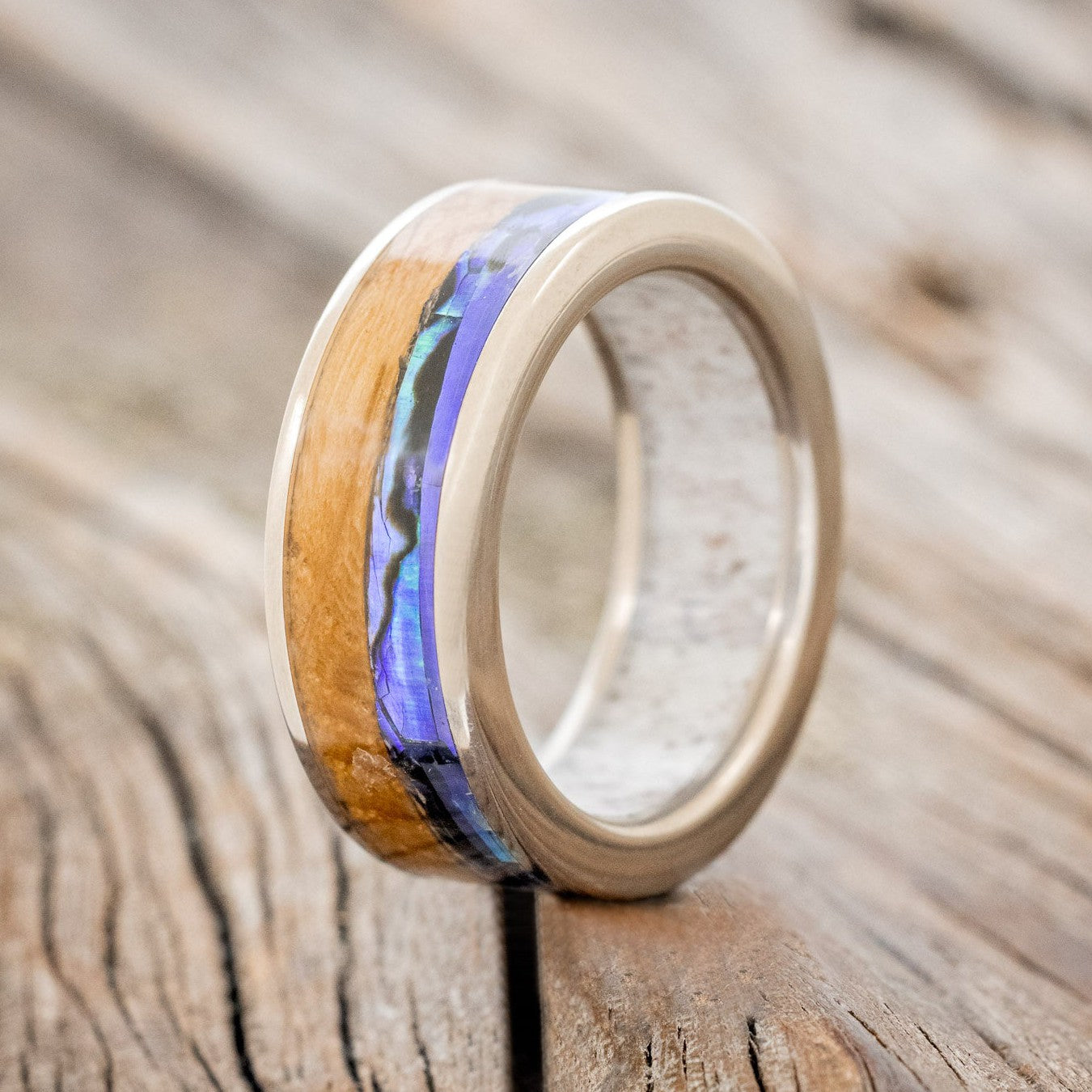 "FLYNN" - PAUA SHELL & WHISKEY BARREL OAK WEDDING RING WITH ANTLER LINED BAND-1