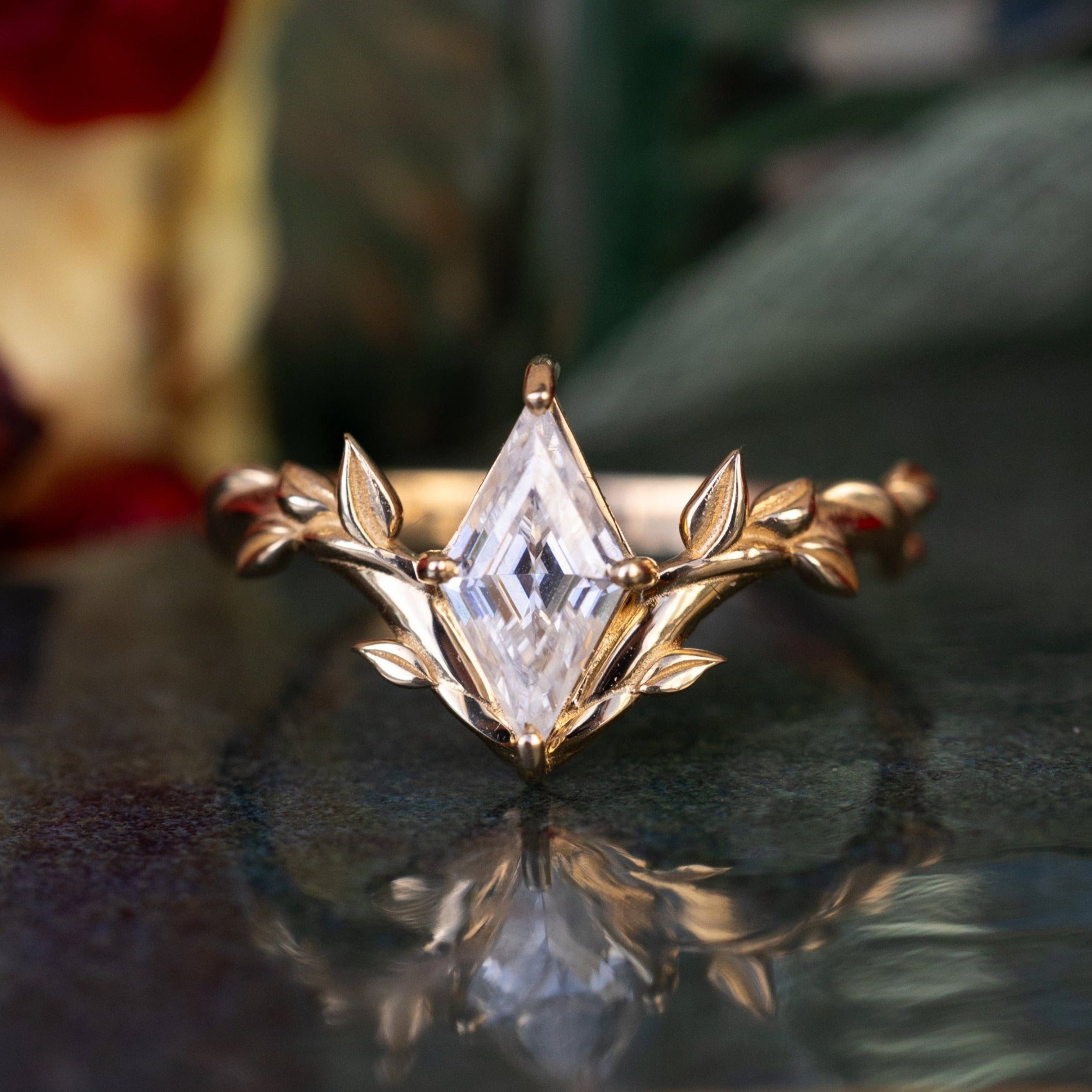 "FAE" - SOLITAIRE-STYLE LOZENGE CUT MOISSANITE ON A BRANCH-INSPIRED BAND-Staghead Designs