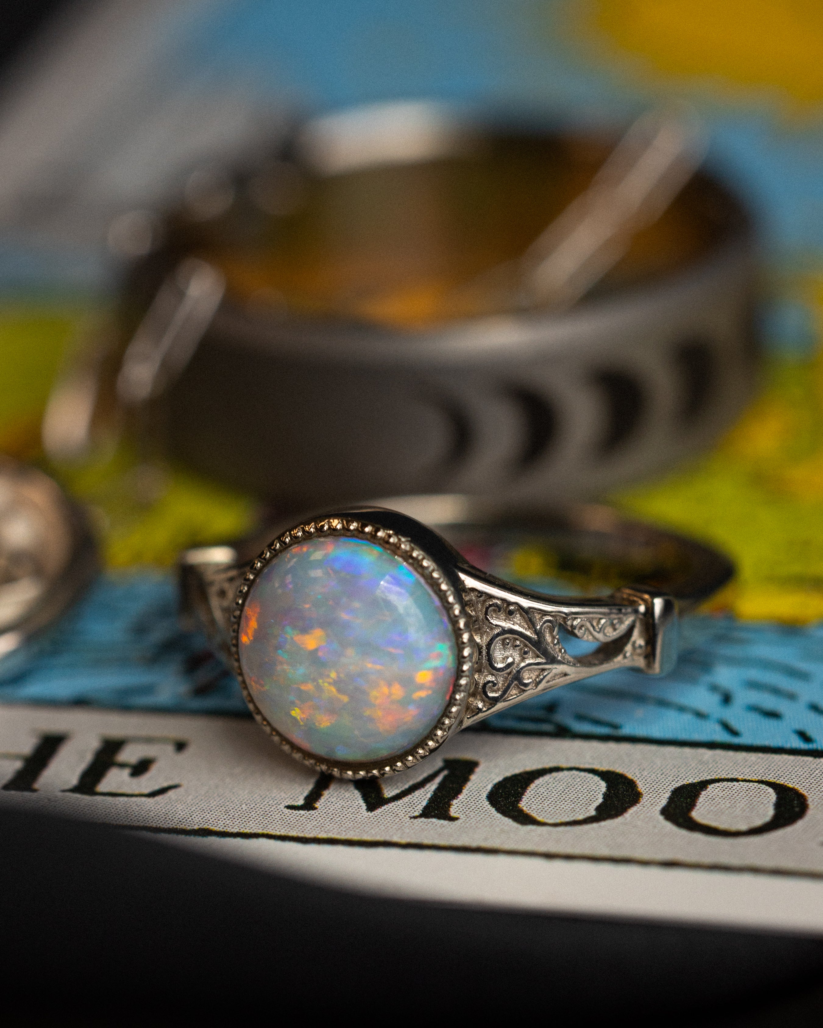 ONE-OF-A-KIND - "SELENE" - ROUND CABOCHON CUT AUSTRALIAN OPAL ENGAGEMENT RING WITH CRESCENT MOON ACCENTS-Staghead Designs