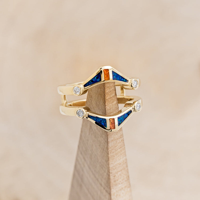 "GEMINI" - BLUE & ORANGE OPAL INLAYS WITH DIAMOND ACCENTS RING GUARD-1