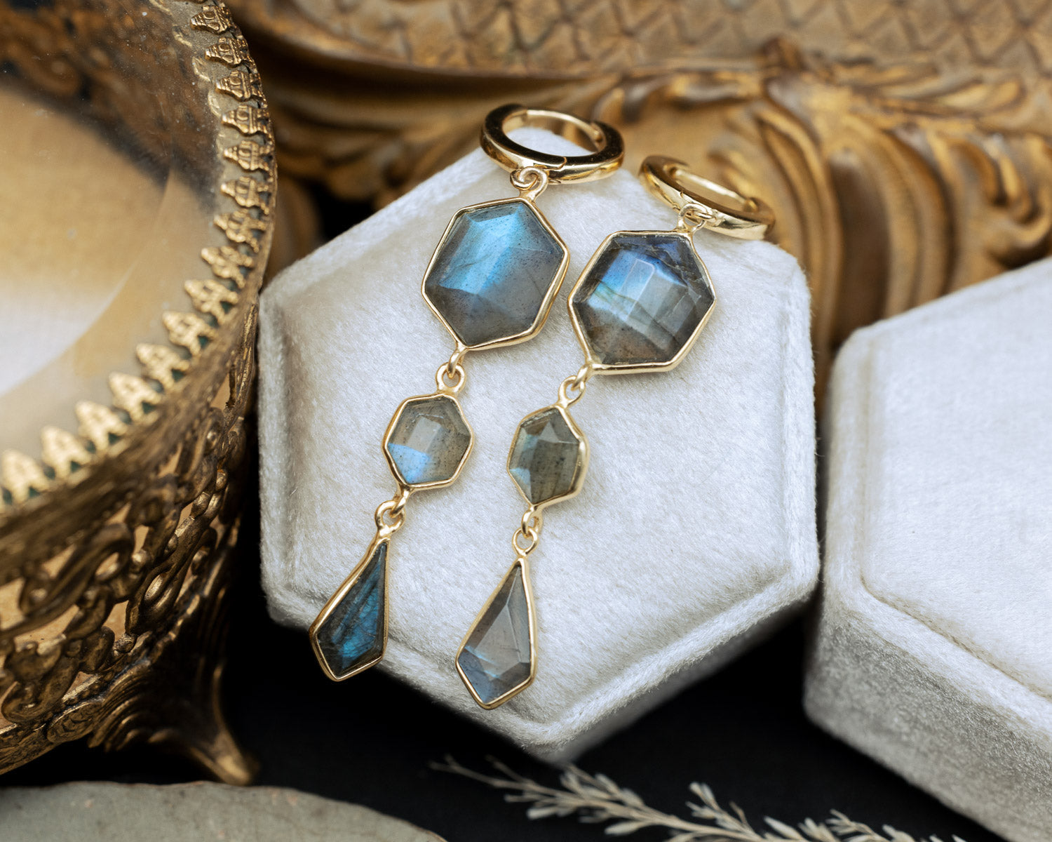 GEO COLLECTION - 18K GOLD VERMEIL TRIPLE DANGLE EARRINGS FEATURING LABRADORITE - BY JORGE REVILLA-Staghead Designs