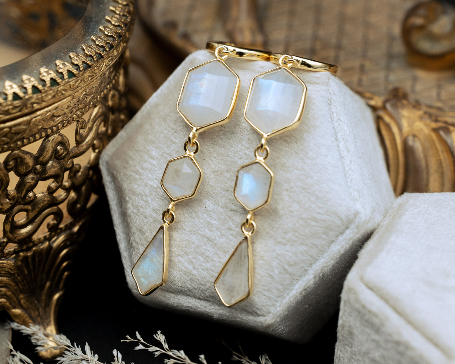 GEO COLLECTION - 18K GOLD VERMEIL TRIPLE DANGLE EARRINGS WITH RAINBOW MOONSTONES - BY JORGE REVILLA-Staghead Designs