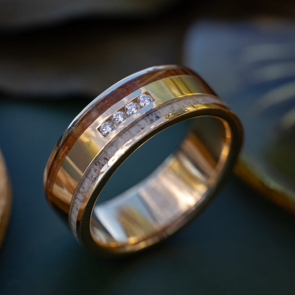 "Ryder" - Diamonds, Whiskey Barrel & Antler Wedding Band-Staghead Designs