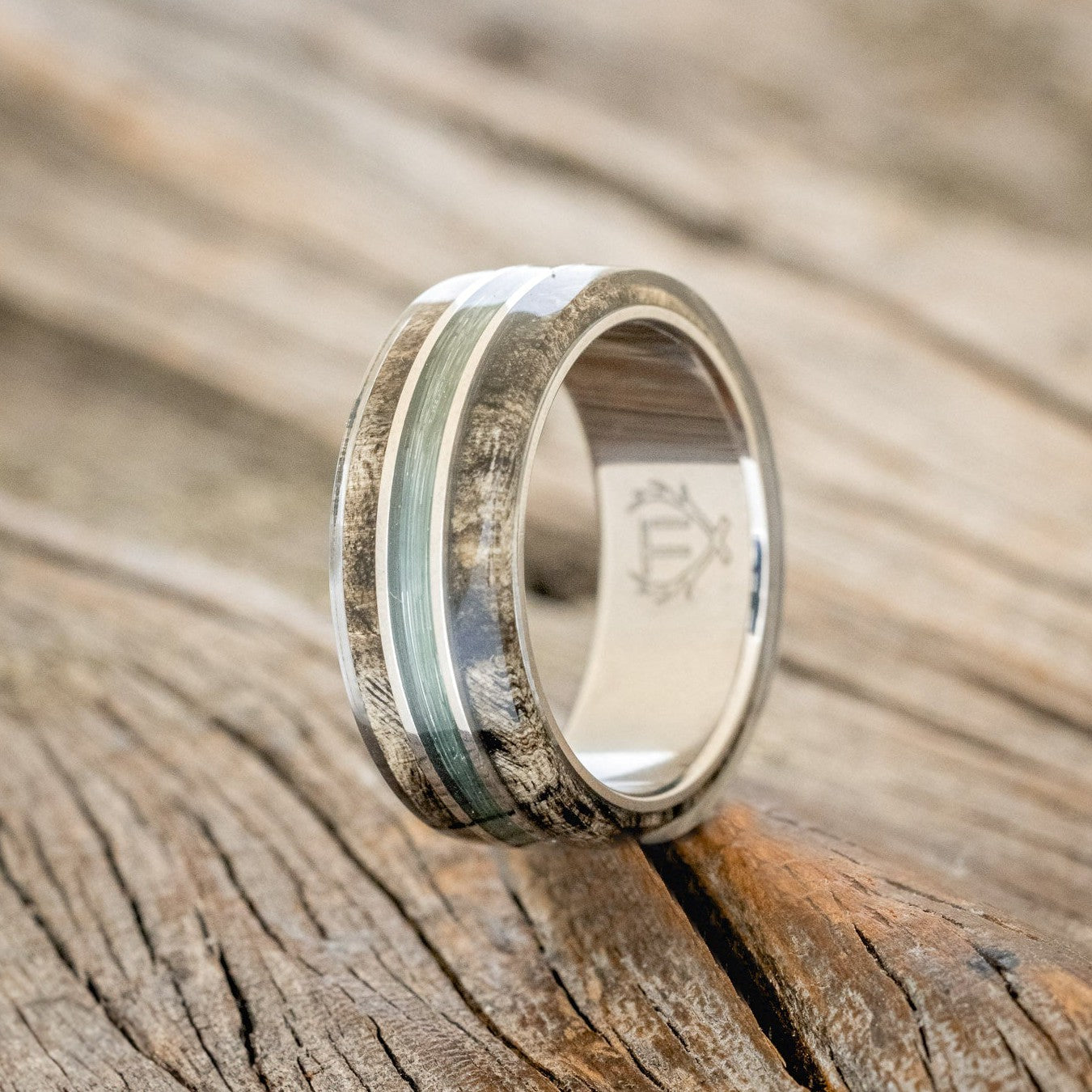 "GLEN" - BUCKEYE BURL WOOD & FISHING LINE WEDDING BAND-1