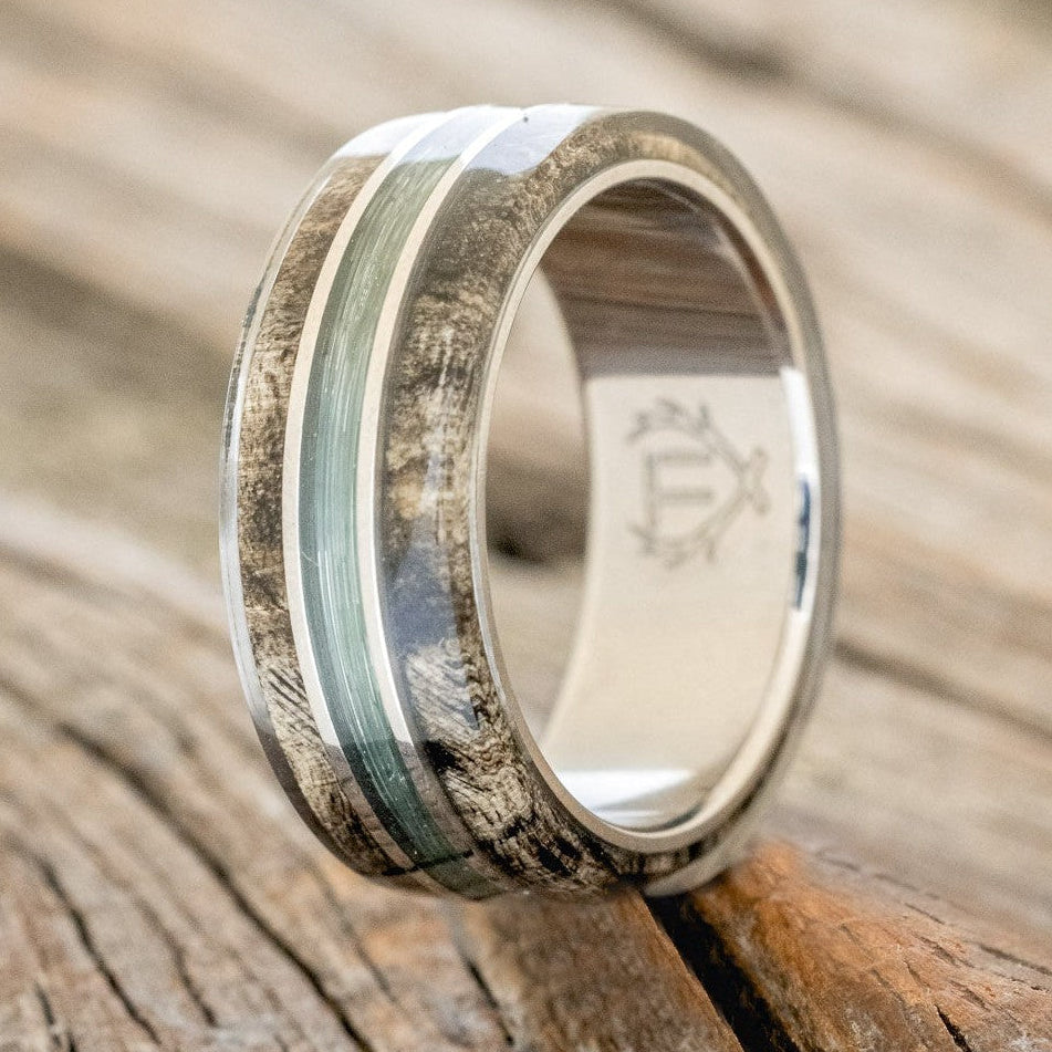 "GLEN" - BUCKEYE BURL WOOD & FISHING LINE WEDDING BAND-1
