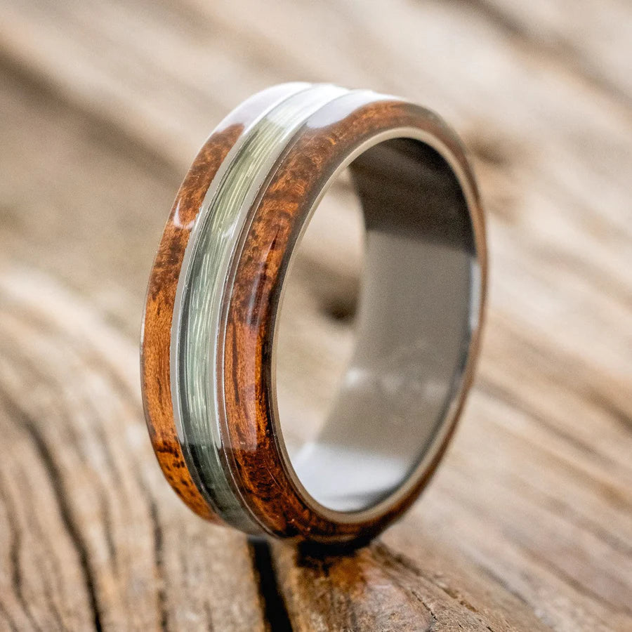"GLEN" - KOA WOOD & FISHING LINE WEDDING RING - BLACK ZIRCONIUM - SIZE 10 1/2-Staghead Designs