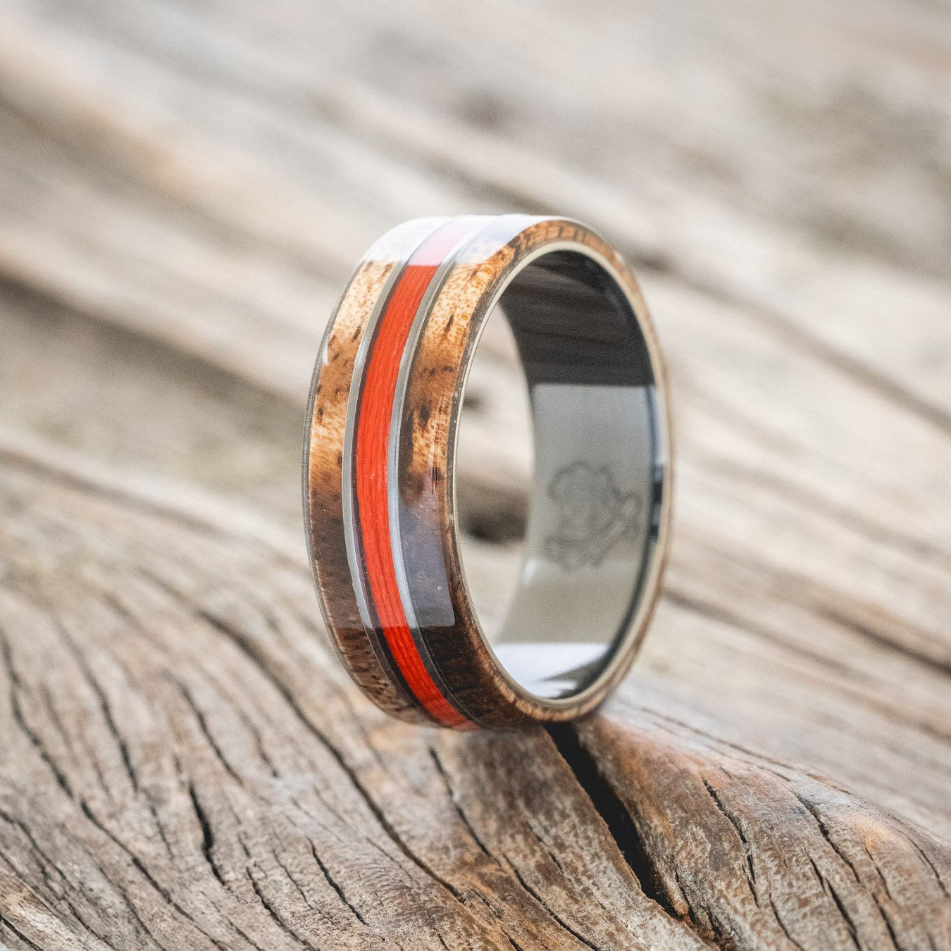 "GLEN" - KOA WOOD & RED FISHING LINE WEDDING RING-1