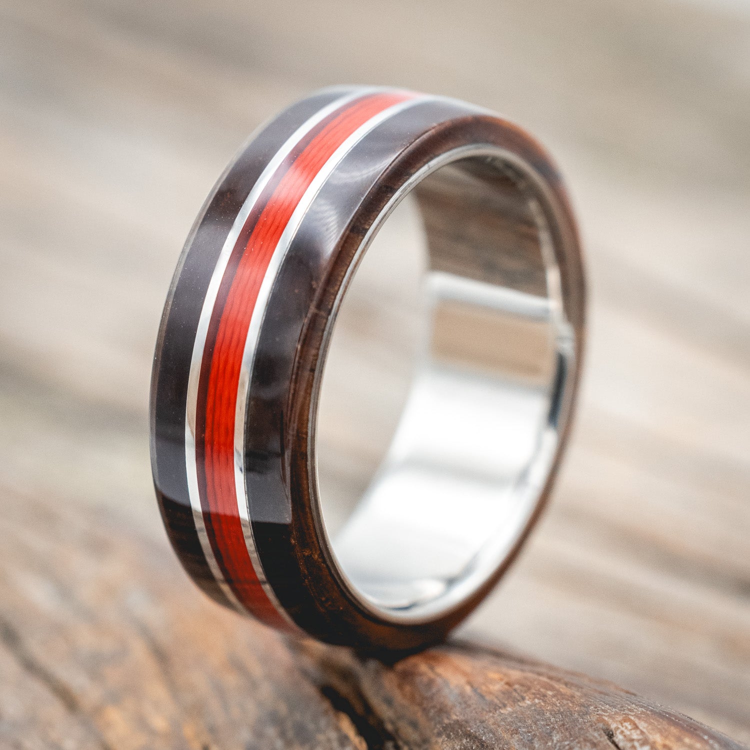"GLEN" - KOA WOOD & RED FISHING LINE WEDDING RING-Staghead Designs