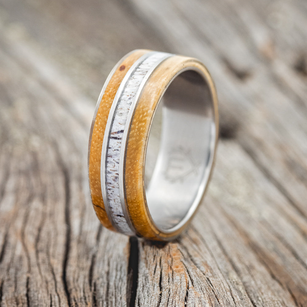 "GLEN" - SPALTED MAPLE & ANTLER WEDDING RING- TITANIUM - SIZE 8 3/4-1