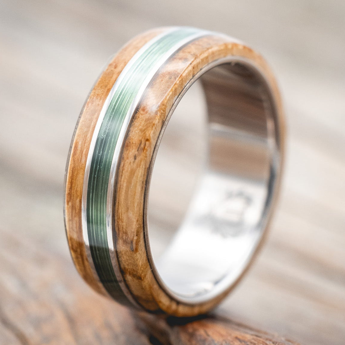 "GLEN" - WHISKEY BARREL OAK & FISHING LINE WEDDING RING-Staghead Designs