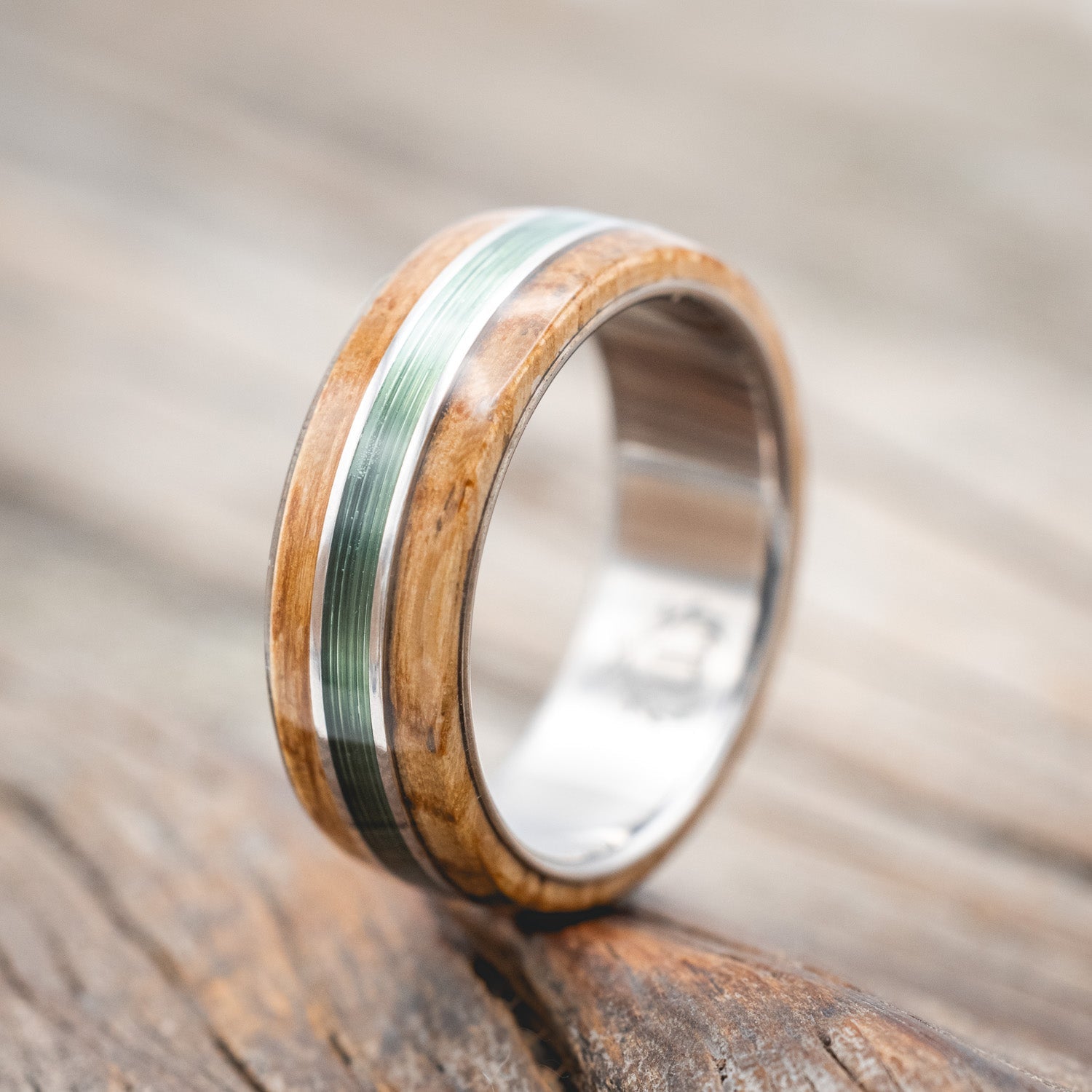 "GLEN" - WHISKEY BARREL OAK & FISHING LINE WEDDING RING-Staghead Designs