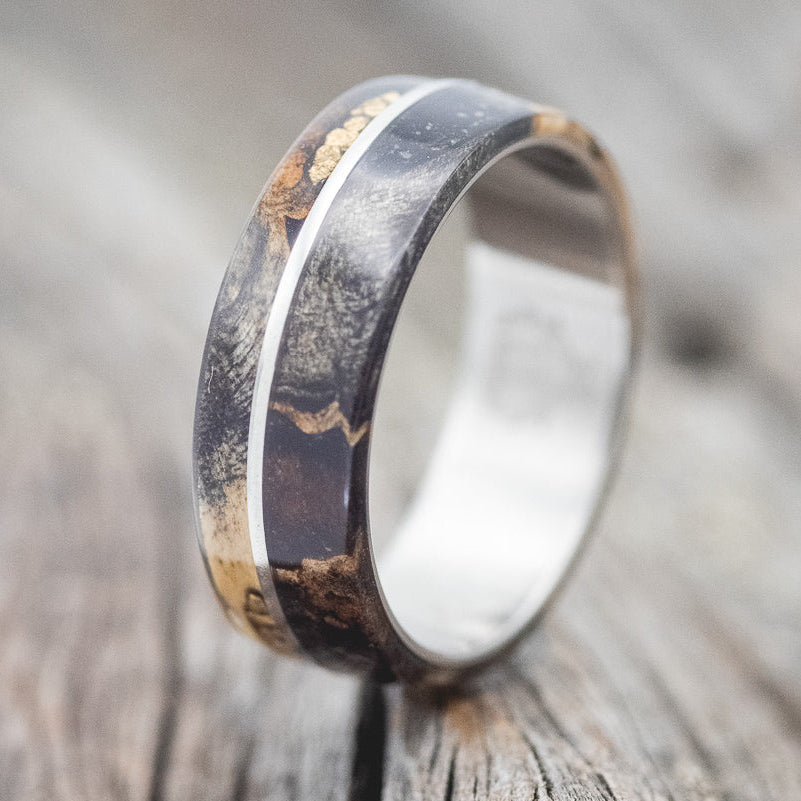 "GOLDEN" - BUCKEYE BURL WOOD & ALASKAN PANNED GOLD NUGGETS WEDDING RING - READY TO SHIP-1