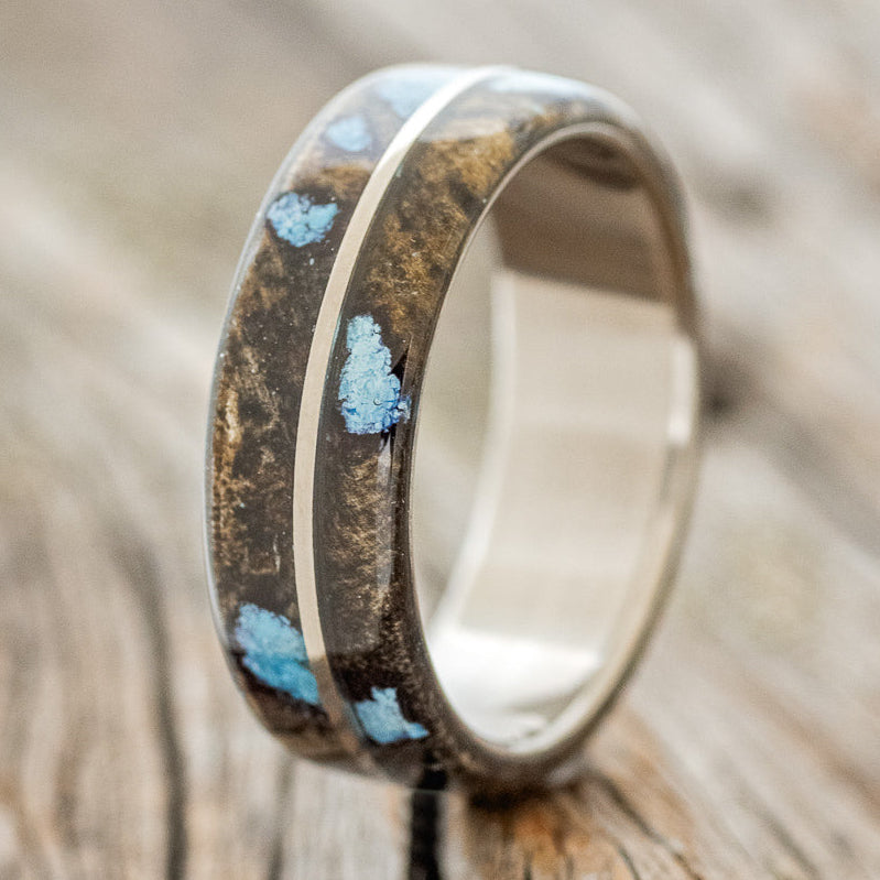 "GOLDEN" - BUCKEYE BURL WOOD & TURQUOISE INLAYS WEDDING BAND - READY TO SHIP-1