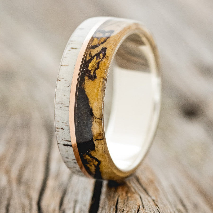 "GOLDEN" - BUCKEYE BURL WOOD WITH GOLD NUGGETS, ANTLER & 14K GOLD INLAY WEDDING BAND-1