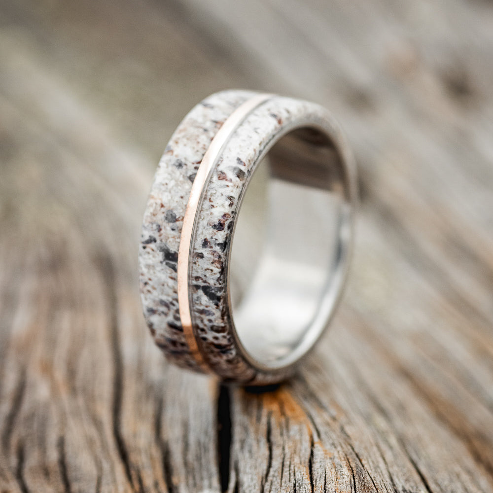"GOLDEN" - ELK ANTLER & 14K ROSE GOLD INLAY WEDDING BAND - TITANIUM - SIZE 11 1/2-1
