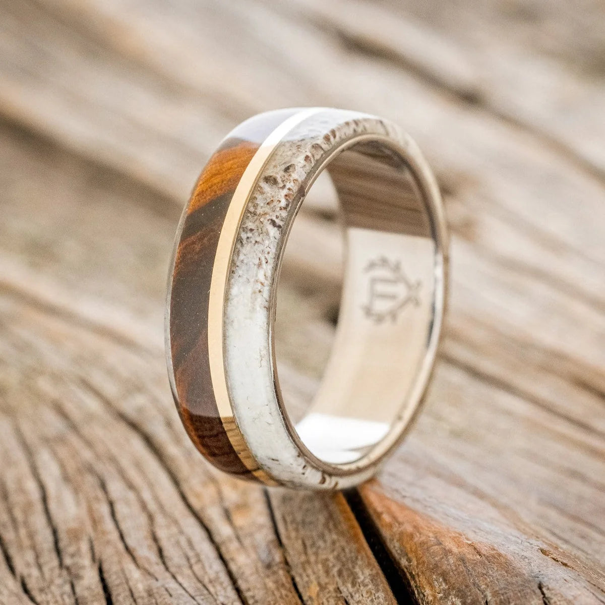 "Golden" - Ironwood, Antler & 14K Gold Inlay Wedding Band - Titanium (8mm) - Size 12
