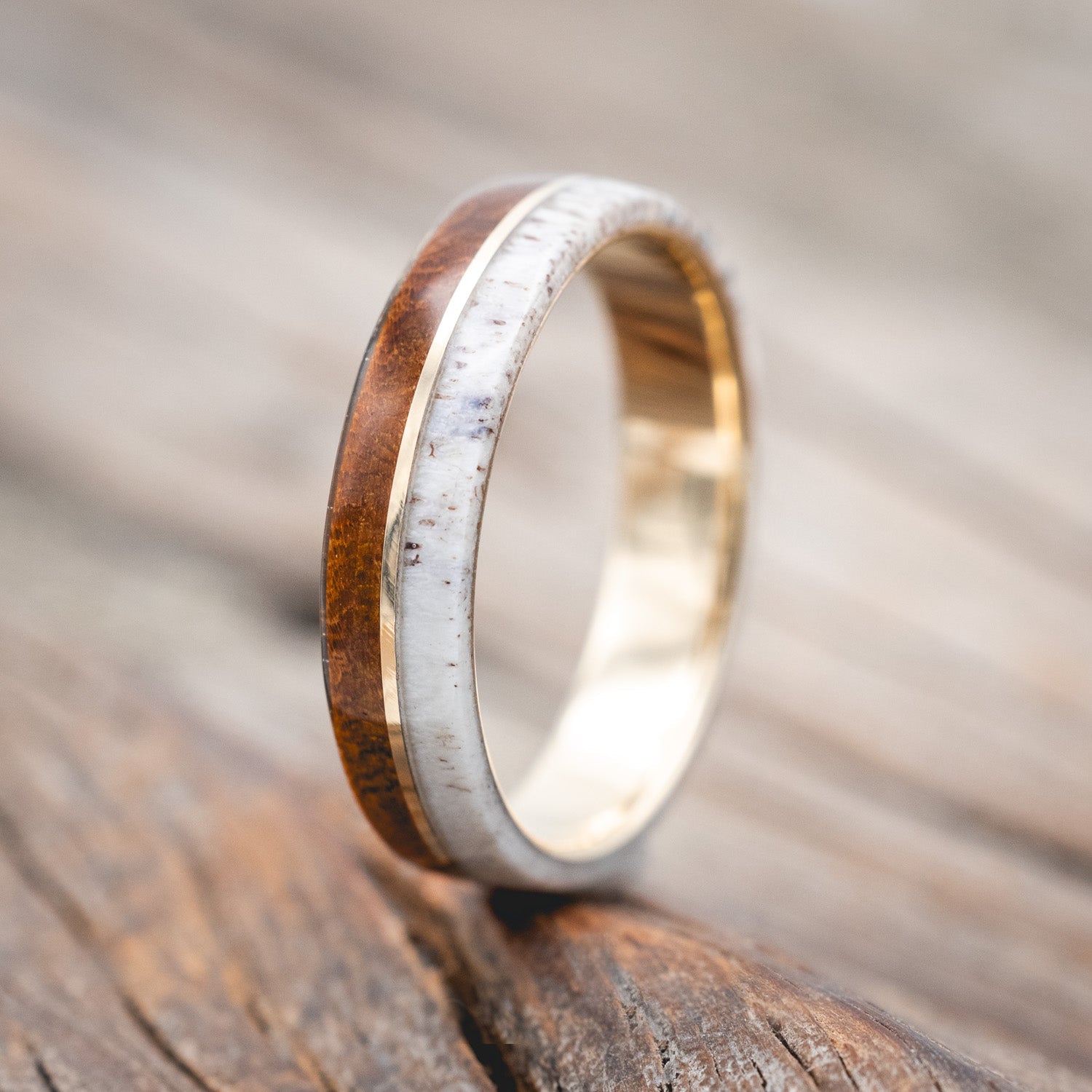 "GOLDEN" - IRONWOOD, ANTLER & 14K GOLD INLAY WEDDING BAND-Staghead Designs