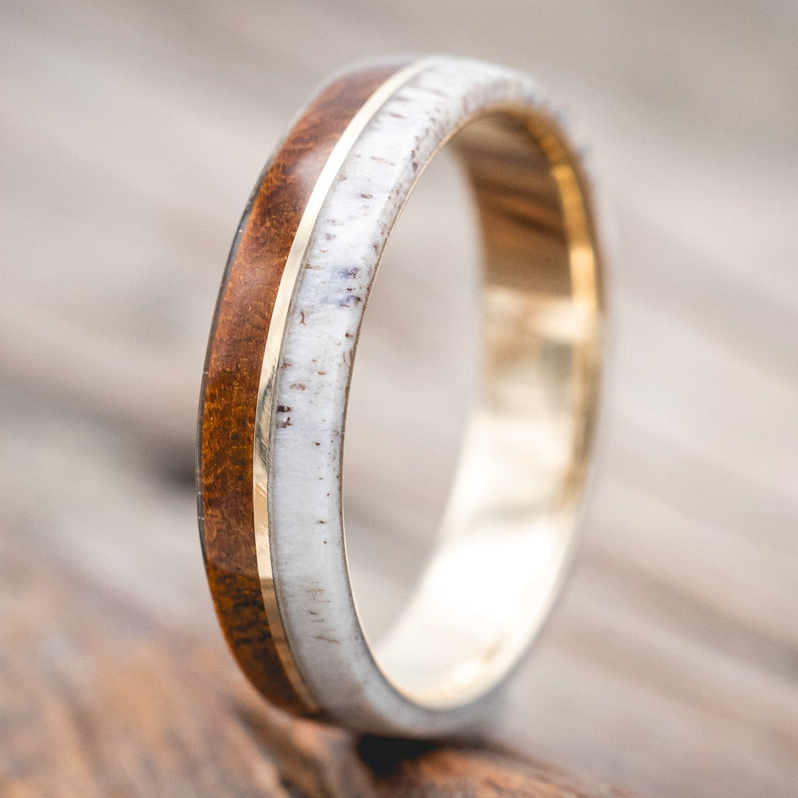 "Golden" - Ironwood, Antler & 14K Gold Inlay Wedding Band-Staghead Designs