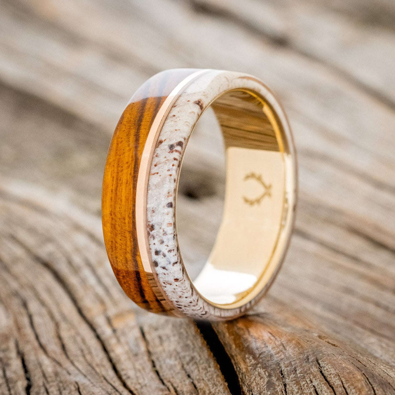 "GOLDEN" - IRONWOOD, ANTLER & 14K GOLD INLAY WEDDING RING FEATURING A 14K GOLD BAND-1