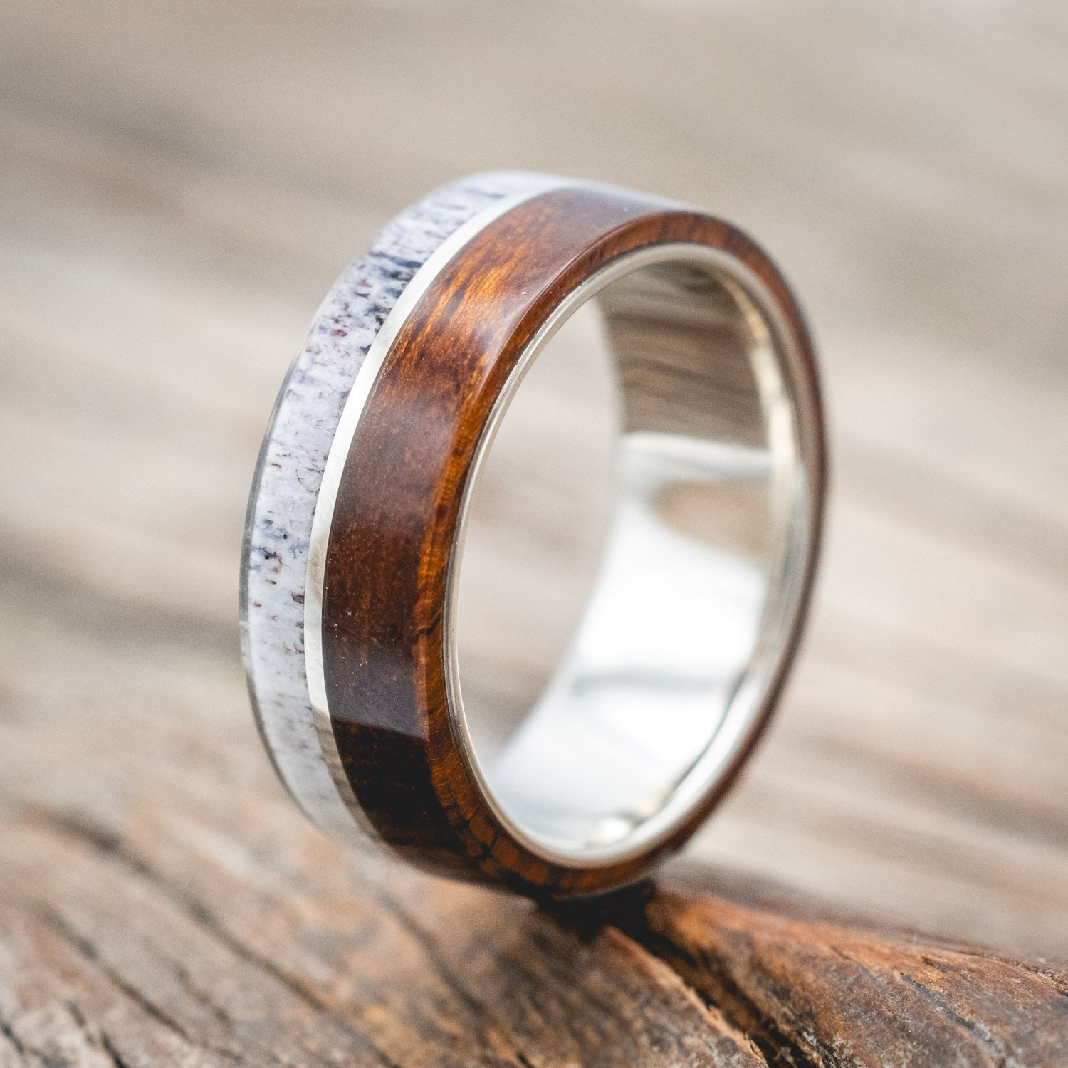 "GOLDEN" - IRONWOOD, ANTLER & 14K WHITE GOLD INLAY WEDDING BAND-Staghead Designs