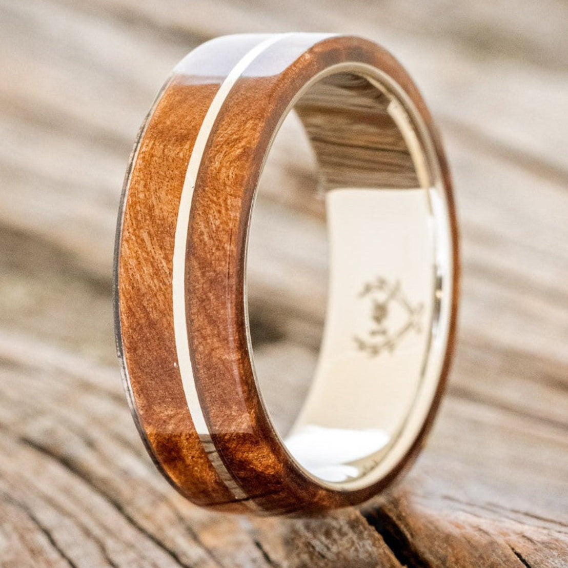 "GOLDEN" - REDWOOD & 14K GOLD INLAY WEDDING BAND-1
