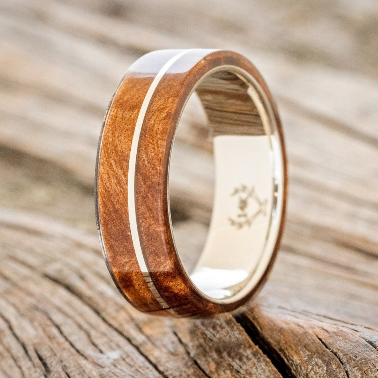 "GOLDEN" - REDWOOD & 14K GOLD INLAY WEDDING BAND-1
