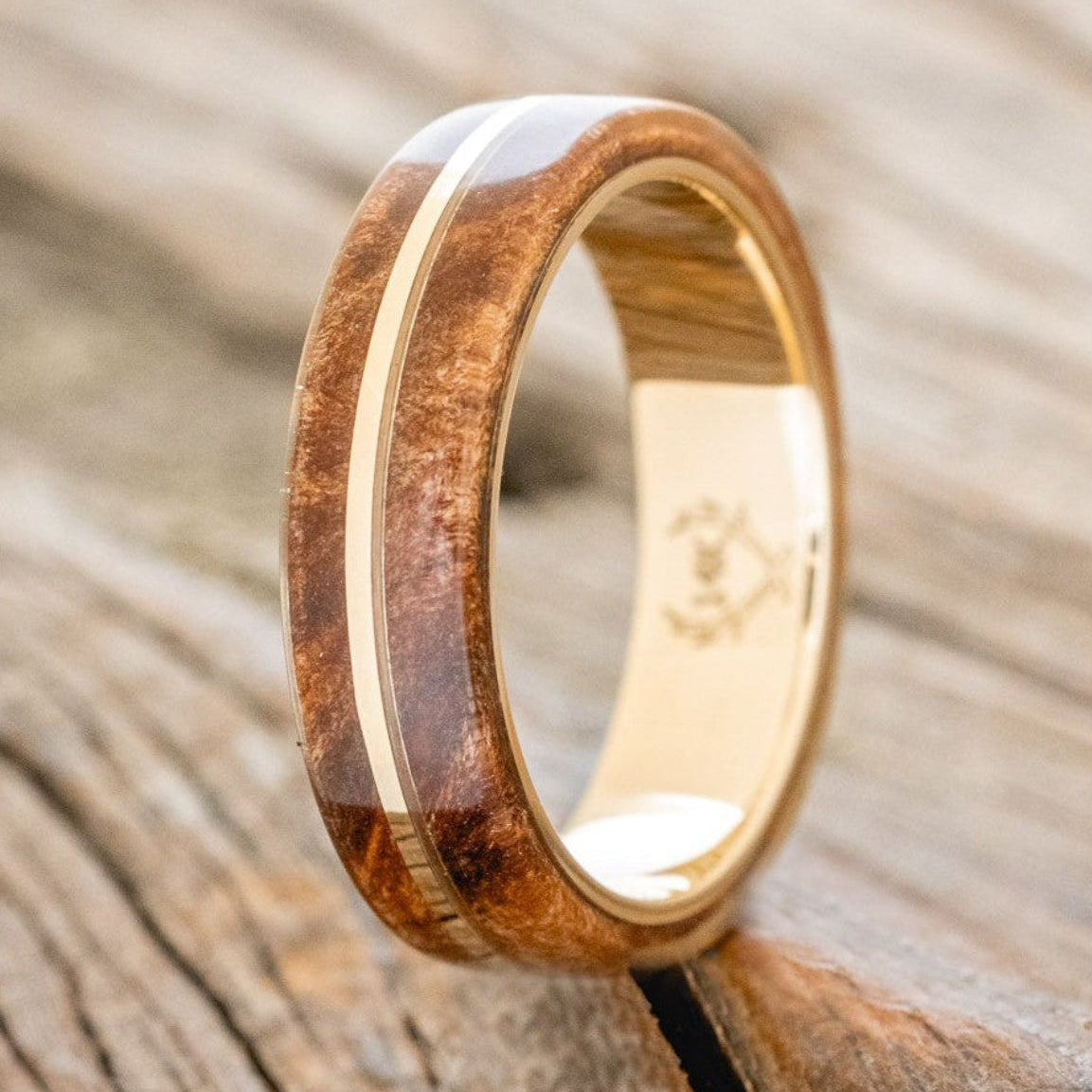 "GOLDEN" - REDWOOD & 14K GOLD INLAY WEDDING BAND-1