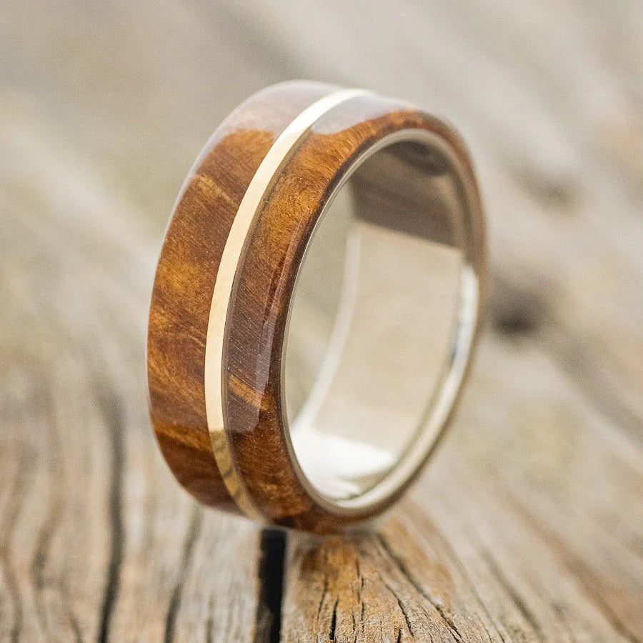 "GOLDEN" - REDWOOD & 14K YELLOW GOLD INLAY WEDDING BAND - TITANIUM - SIZE 8 1/2-Staghead Designs