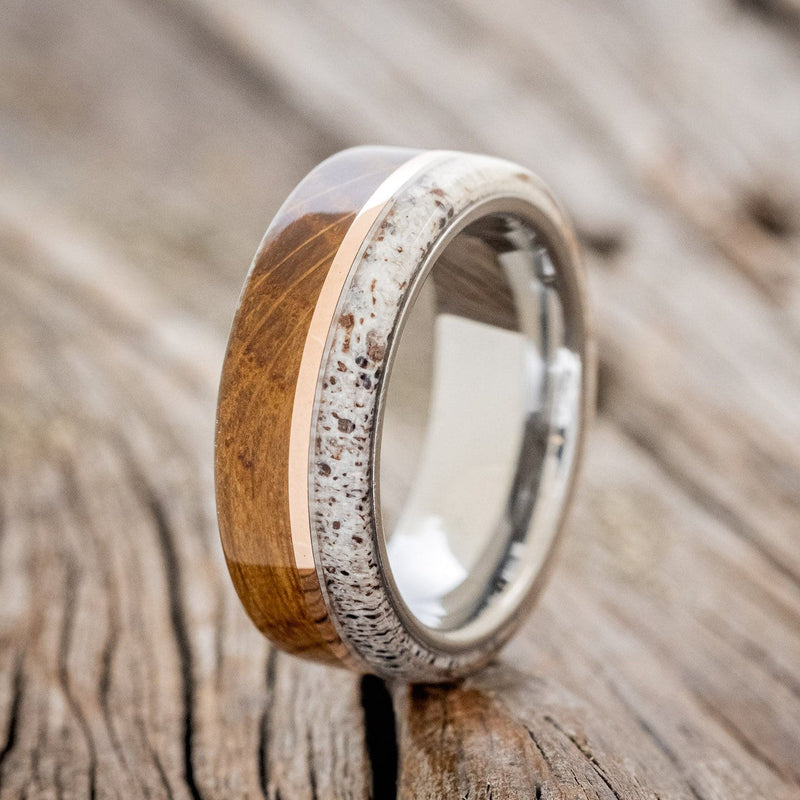 "GOLDEN" - WHISKEY BARREL OAK, ANTLER & 14K GOLD INLAY WEDDING BAND-1