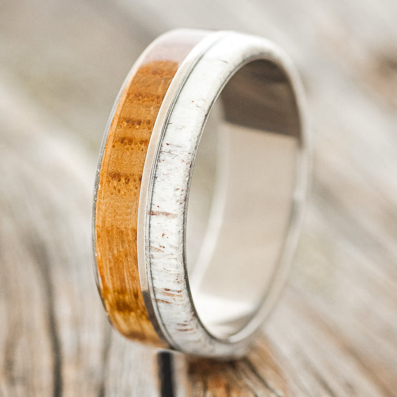 "GOLDEN" - WHISKEY BARREL OAK & ANTLER WEDDING BAND - READY TO SHIP-1