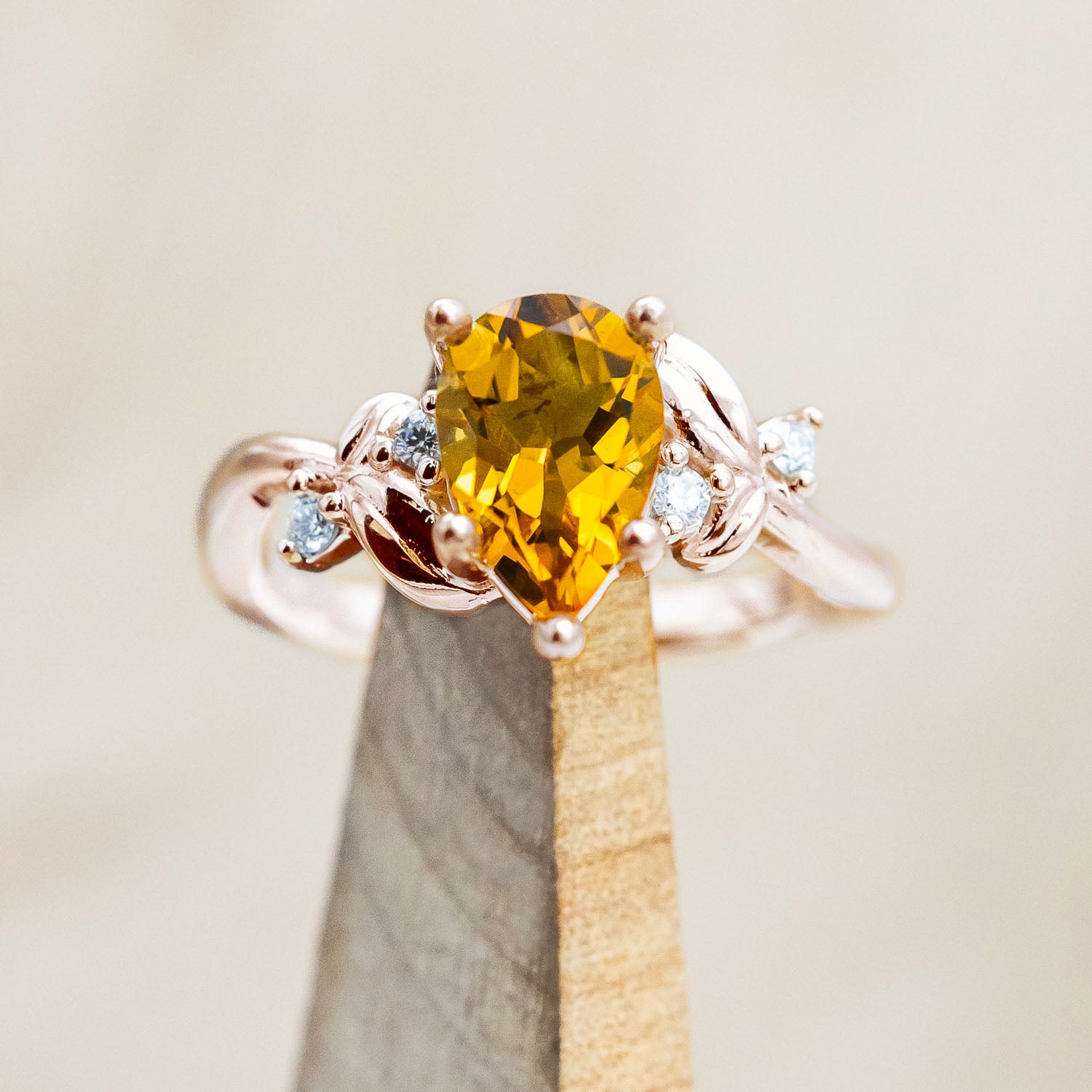 "GLADYS" - PEAR CUT ENGAGEMENT RING WITH DIAMOND ACCENTS ON A FLORAL-STYLE BAND-Staghead Designs