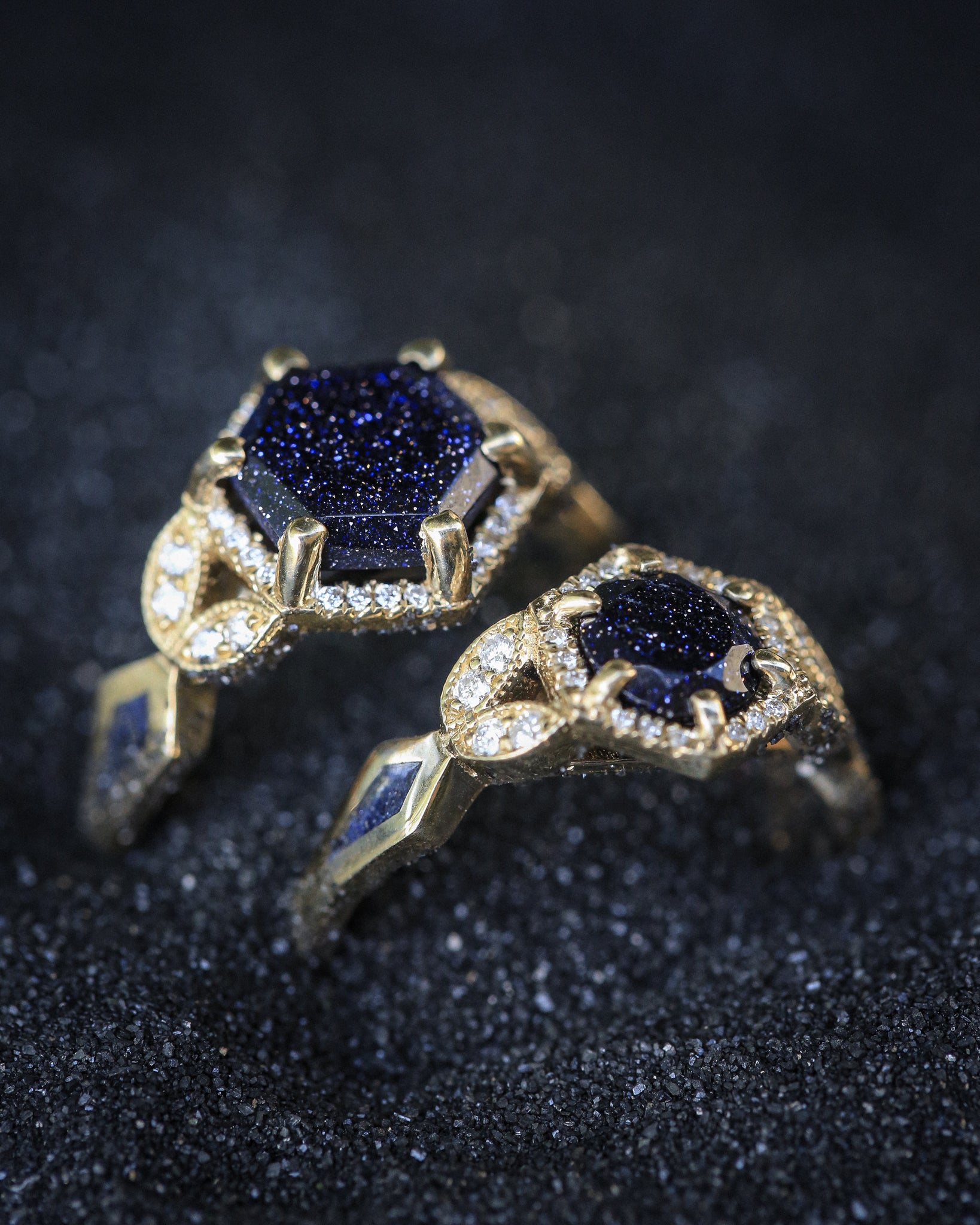 "LUCY IN THE SKY" - HEXAGON BLUE GOLDSTONE ENGAGEMENT RING WITH DIAMOND HALO & GOLDSTONE INLAYS-14