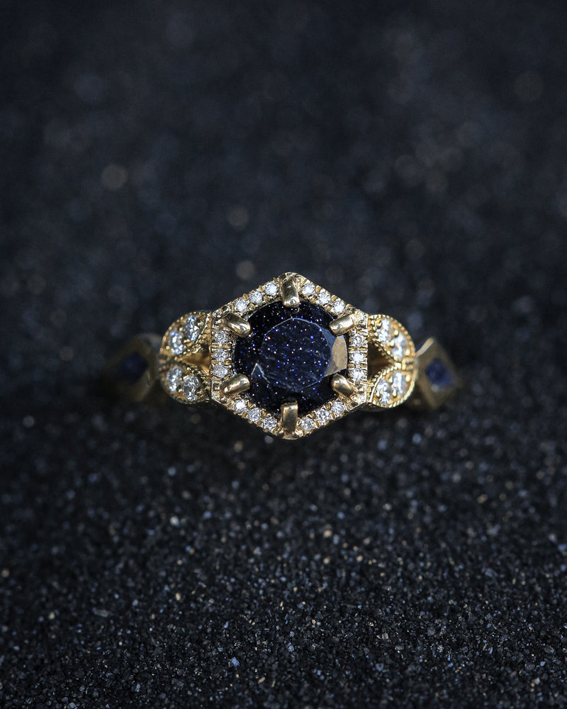 "LUCY IN THE SKY" PETITE - ROUND CUT BLUE GOLDSTONE ENGAGEMENT RING WITH DIAMOND ACCENTS & GOLDSTONE INLAYS-10