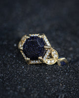 "LUCY IN THE SKY" - HEXAGON BLUE GOLDSTONE ENGAGEMENT RING WITH DIAMOND HALO & GOLDSTONE INLAYS-15