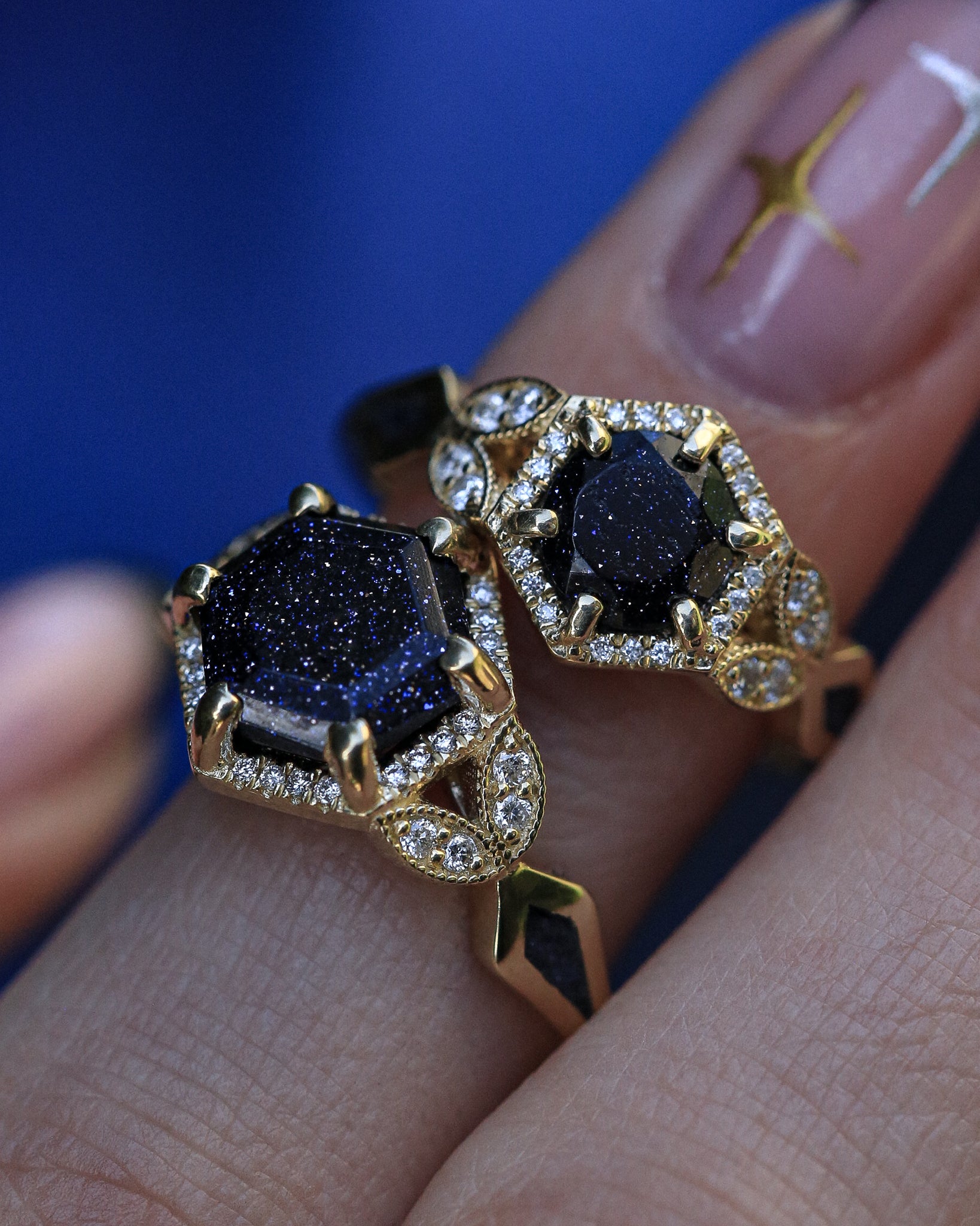 "LUCY IN THE SKY" - HEXAGON BLUE GOLDSTONE ENGAGEMENT RING WITH DIAMOND HALO & GOLDSTONE INLAYS-16