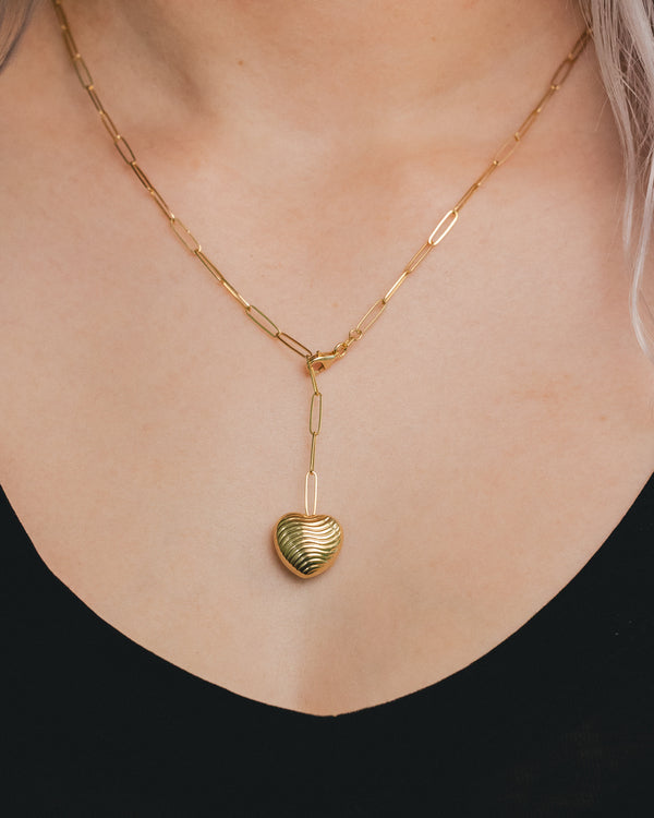 Textured Puff Heart Paperclip Lariat Necklace in 14K Yellow Gold Ring by Staghead Designs unisex