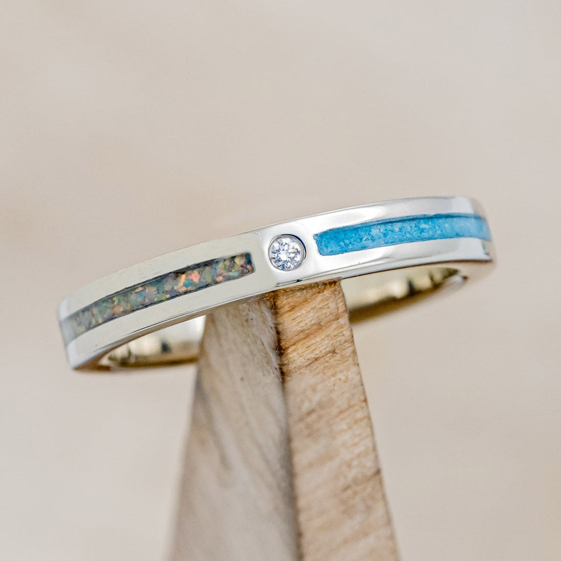 "HARMONY" - TURQUOISE AND FIRE & ICE OPAL SPLIT STACKING BAND WITH A DIAMOND ACCENT-1