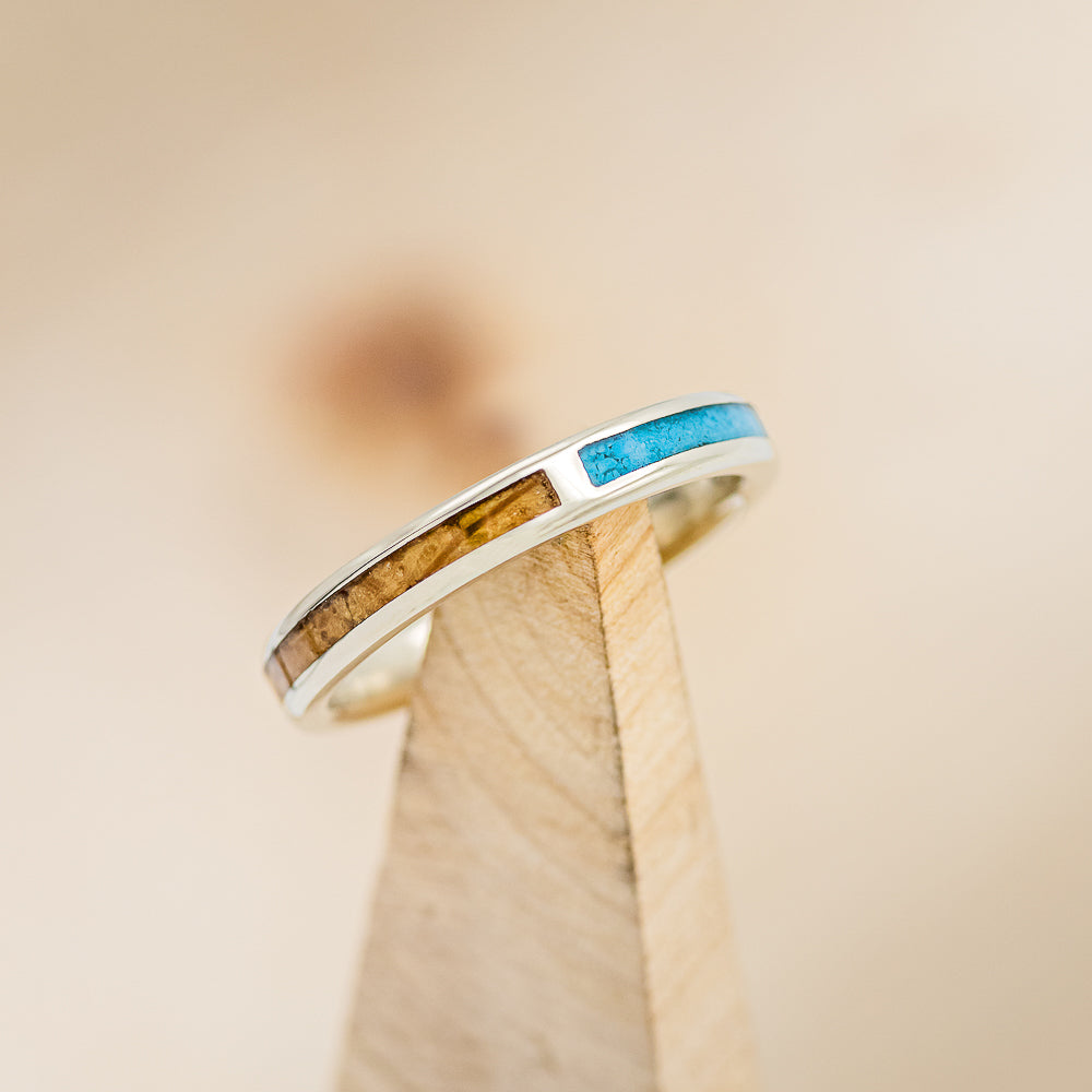 "HARMONY" - TURQUOISE & WHISKEY BARREL OAK SPLIT STACKING BAND-1
